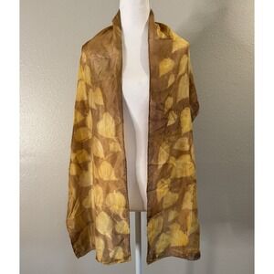 100% Silk Scarf Botanical Leaf Eco Print Gold Brown Earthy Boho Lagenlook Earthy